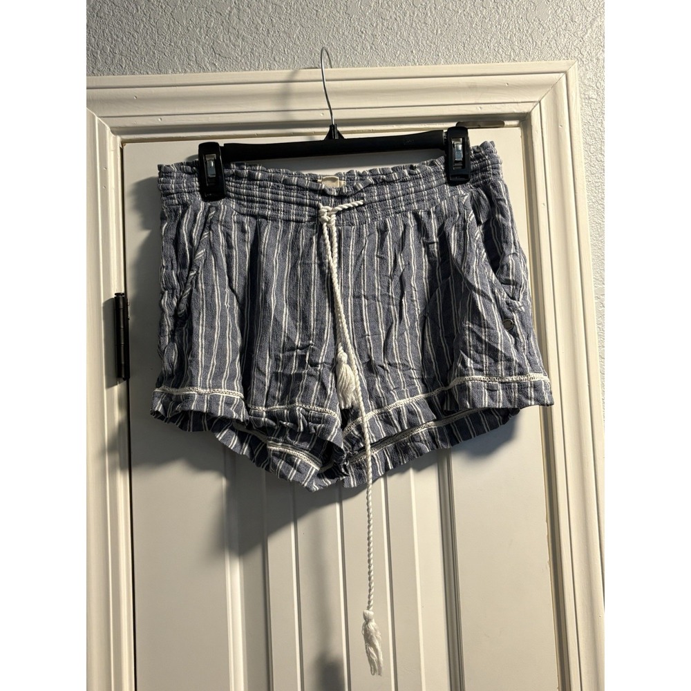 Roxy Shorts Women Large Blue White Striped Tassel Smocked Waist Beachy Woven